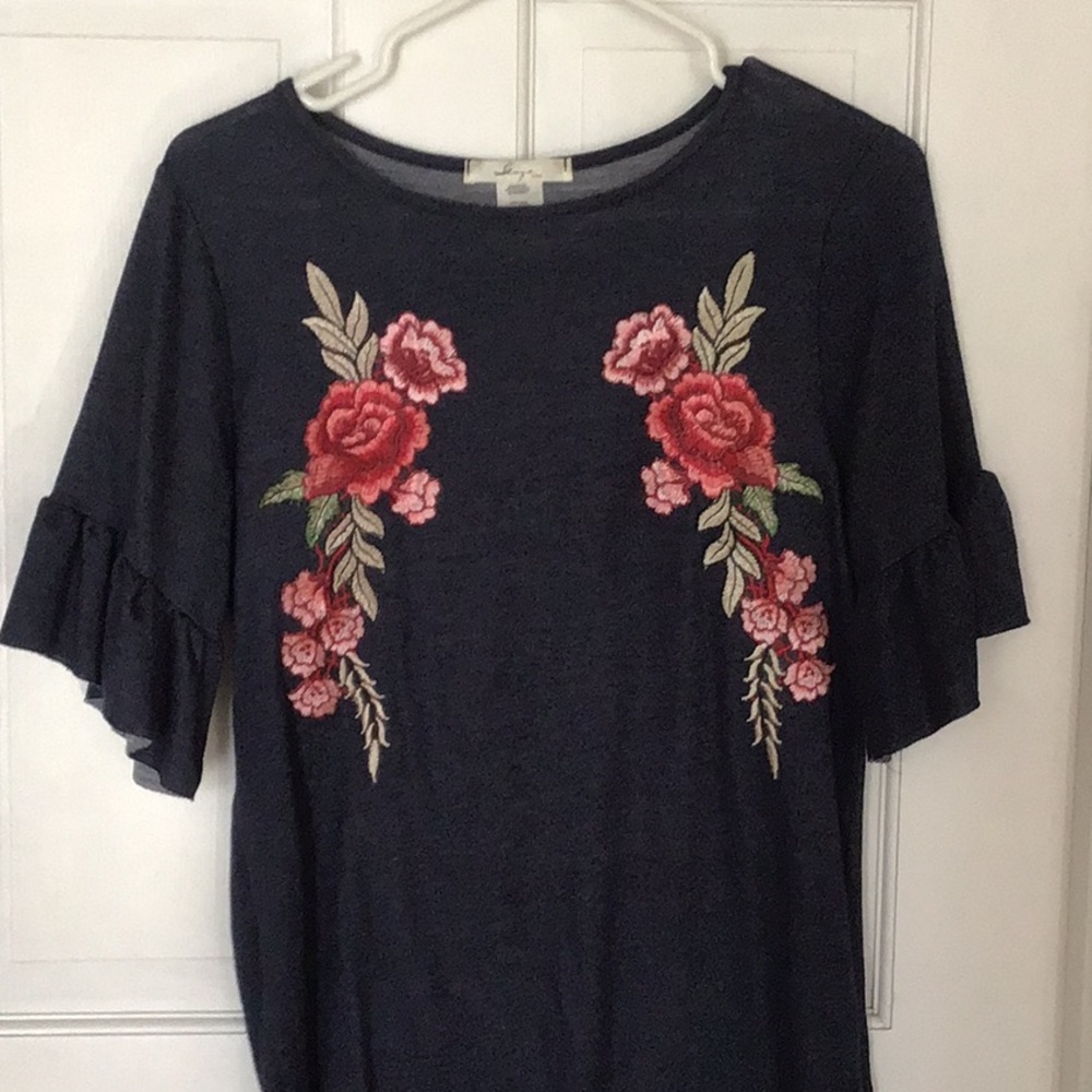 Floral embordary ruffled Jean shirt